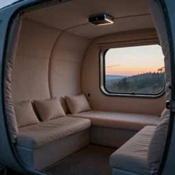 inside cozy luxurious curved sleep-pod with wall to wall padding and sound system, XF IQ4, 150MP, 50mm, F1.4, ISO 200, 1/160s, dawn