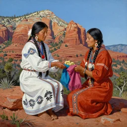 a beautiful painting of an american cherokee native woman exchanging food and fabrics at the top of a mountain in sedona with another woman, highly detailed, art by christophe vacher