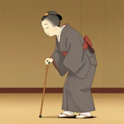 scene from a bunraku japanese puppet theater, an old woman walks bent over using a walking cane