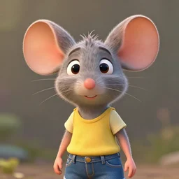 3 d render, portrait, headshot, closeup, anthropomorphic mouse, female, wearing denim short shorts and a off yellow tank top shirt, in the style of flushed away