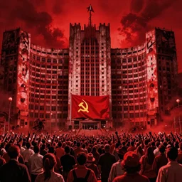 only with red, soviet communism horror brutalist architecture apocalyptic with soviet flag, crowd cheering, in the style of beksinski and rodcenko and yue minjun and cory loftis, intricate and epic composition, red by caravaggio, highly detailed, masterpiece, red light, artstation, art nouveau