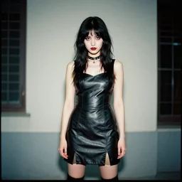 a medium full shot photograph of a young woman in leather dress, 9 0 s goth, dof, sharp focus, cinestill 8 0 0 t, photography by paolo roversi
