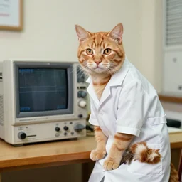 1 9 8 0's color photo of ginger cat in lab coat and analog oscilloscope