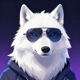 A white wolf wearing aviator glasses, synthwave inspired, digital art, furry art, furaffinity, ArtStation, CGSociety