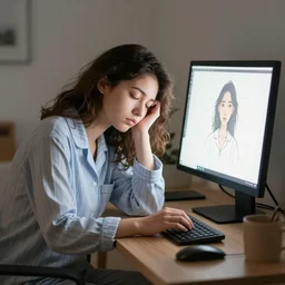 tired girl in pyjamas working on computer, tired eyes, digital art, drawing, artstation