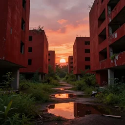 brutalist red concrete architecture by Le Corbusier, abandoned red buildings, empty streetscapes, surrounded by lush green vegetation, ground-level view, puddles of water, stunning volumetric lighting, sunset, trending on Artstation, 8k, photorealistic, hyper detailed, unreal engine 5, cinematic, epic lighting, cryengine, octane render, cyberpunk, red and orange glow, dark, gloomy