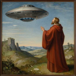 a medieval painting of a priest seeing a ufo alien spaceship in the sky outside