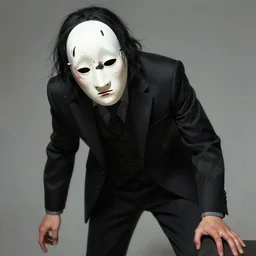 a full shot of man wearing a creepy noh mask and black suit looming, character concept art by tim bradstreet