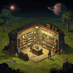 inside a general store, in a small remote outpost, on a remote planet, cyberpunk style, from a point and click 2 d graphic adventure game, set design inspired slightly by hg giger and tomb raider, art inspired by [ [ thomas kinkade ] ] and [ mark keathley ]