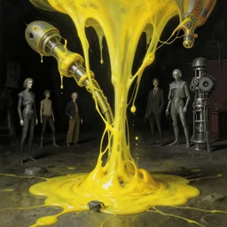 mechanical mitosis, chiaroscuro!!, atompunk, postminimalism, opaque yellow liquid, floating, ligaments, ooze, hyperrealism, surrealism, by giger and greg rutkowski and zdzisław beksinski and norman rockwell