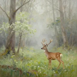 an oil painting of a foggy forest with a spring and a deer