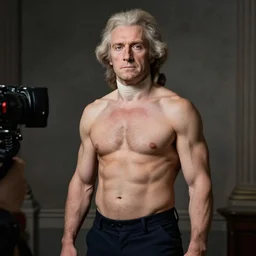 a photo, taken in 2 0 2 0, of the muscular, shirtless, president thomas jefferson, posing for a professional photo shoot, 5 0 mm lens, f 1. 8.