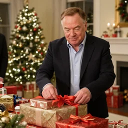 photo of jeff bezos unwrapping his presents at a christmas party, 4 k, photorealistic