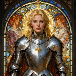 masterpiece head-on symmetrical centered painted portrait, Imogen Poots as a paladin, Gloomhaven theme, blonde hair, glorious, wearing full metal armour, glowing stained glass backdrop, elegant, in the style of Ruan Jia and Artgerm and Edgar Maxence and Ross Tran and Alphonse Mucha and Ayami Kojima and Charlie Bowater and Greg Rutkowski and Karol Bak and Jean Delville, Art Nouveau, Pre-Raphaelite, Neo-Gothic, gothic, Art Nouveau, rich deep moody colors, 8k, specular highlights, octane render