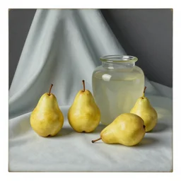 still life of pears and jars over drapery, artwork by rene lalique