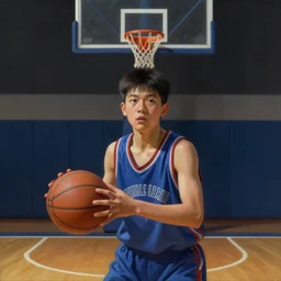 portrait of a boy at a basketball court playing basketball wearing a basketball jersey in a basketball court standing near the basketball hoop, intense emotion, detailed facial expression, detailed surroundings, intricate, elegant, highly detailed, centered, digital painting, artstation, concept art, smooth, sharp focus, illustration, by (Johannes Vermeer), WLOP
