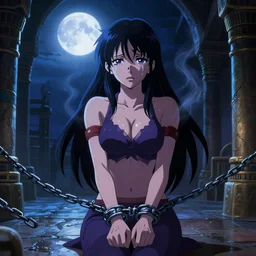 Lucy Heartfilia chained and shackled, upset, tears in eyes | steaming body | Somber moon | wet Egyptian Dungeon Chamber | Big Moon at Night | strong blue rimlit | visual-key | anime illustration | highly detailed | in the style of hutosutoro