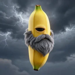 a one eyed banana with a gray beard under a the thunderous sky, 3 d render, highly detailed, dynamic lighting, dramatic lighting, octane render, sharp focus, trending on artstation