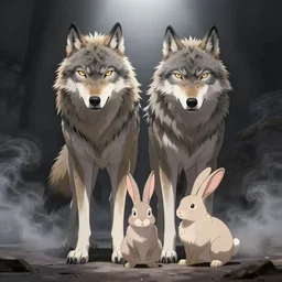 Legosi the wolf and Haru the rabbit, anime, detailed, symmetric lights and smoke, symmetrical composition, cinemática, hyper realism, 8k, octane render, 8k