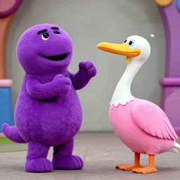 barney the purple dinosaur mascot from barney and friends in a duel against a pelican in pink suits