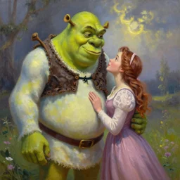 Beautiful romantic impressionist oil painting of Shrek and Fiona by Marc Simonetti, oil, canvas