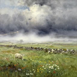 watercolor painting of meadow, flowers on field, low stone walls, sheep, fog, art by anders zorn, wonderful masterpiece by greg rutkowski, beautiful cinematic light, american romanticism by greg manchess, creation by tyler edlin, stormy puffy clouds and harbour in distant background, foggy