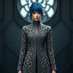 fashion 2 0 5 0 fantastic openwork long coat with intricate pattern on a beautiful symmetrical girl with blue hair, hyper realistic photos