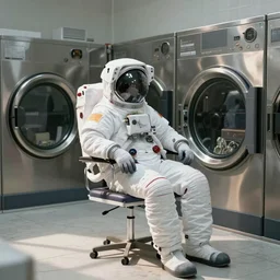 a beautiful photo of an astronaut sat on a chair in an automatic laundry room, soft light, morning light, photorealistic, realistic, octane, 8k, cinematic shot