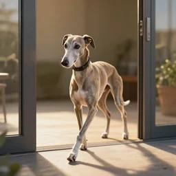 goofy greyhound walking into glass door, photorealistic, unreal engine, realistic lighting, dynamic shadows, golden hour, artstation, 4 k
