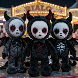 haunting plushies being sold at an amusement park, devilish, nightmare fuel, scary, cursed, evil, dark