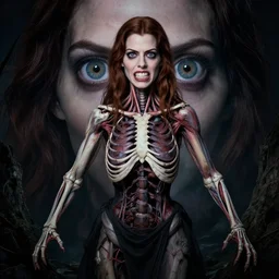 anne hathaway in sleepy hollow, full body, big two toned eyes, teeth gritted, horror, intricate details, cinematic, epic, realistic, anatomy, tomer hanuka, uplight, artstation, photorealistic, scary