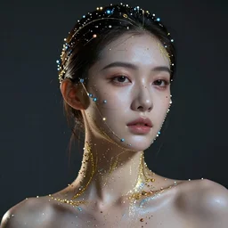 portrait of a beautiful futuristic woman layered with high-tech jewelry wrapping around her face and head and shoulders, golden-silver light with tiny blue, gold, and red gems scattered like dust, calm, night