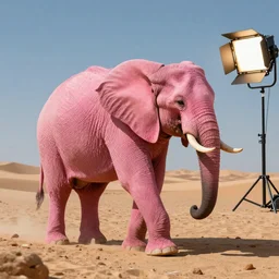 Realistic pink elephant in the desert, movie shot, studio shot, studio lighting, 8k