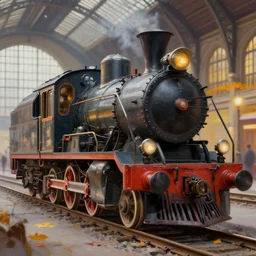a neo vintage type 1 2 locomotive, detailed, paris railway station background, photorealism, volumetric lights, autumn lights, depth of field, by moebius and ricardo robles, marco turini, oil, ink, gouache, 3 d concept art, octane render