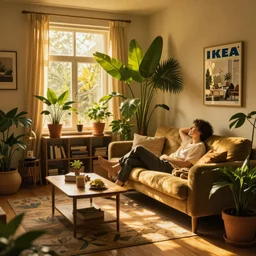 An IKEA catalog photograph of a cozy, warm living room, bathed in golden light, with many tropical plants and eclectic furniture, a figure rests on an old couch, highly relaxed, sunday afternoon, living the good life, at peace, golden ratio