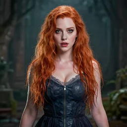 young Christina Hendricks dressed like lilu from the 5th element. Fully-centered-photograph, frontal view, looking at camera, insane detail, wet, dripping, symmetrical image, Zeiss Lens, canon Eos, octane render, redshift