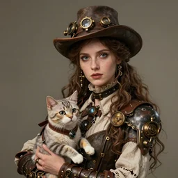 a portrait beautiful steampunk woman and her cute robot cat, long hair, aged 2 5, slovenian, wearing a travel hat, photo realistic, real life, octane render, trending on artstation