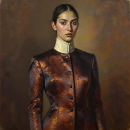 detailed portrait in strong femininity, ethnic, realistic face sculpted features, statuesque model, modern fashion, slimming regal long brocade jacket, high starched collar, warm glow, supple, bathed in light, chiaroscuro, specular highlights, angular impressionism, radiosity, deep rich tones, contemporary art, oil on canvas
