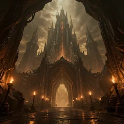 wide angle architecture photography of massive dark otherworldly fantasy castle!!!!!!!, pathway through abstract portal cave exit!!! to otherworldly castle, torches on cave walls, high sci - fi fantasy, cryengine 8 k render, artwork by world of warcraft mass effect dnd overwatch dark souls, moody light 6, warm color palette
