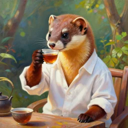 portrait painting of a weasel in a white shirt sat drinking chinese tea by wenjun lin, irakli nadar, bright colors, octopath traveler, wenjun lin, unreal engine 5 highly rendered, global illumination, radiant light, detailed and intricate environment