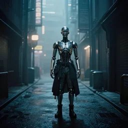 a sad dramatic scene of a chrome metal humanoid android losing faith in life it is wearing futuristic urban japanese clothing filmed using an imax movie camera with a cinestill 8 0 0 t in a solitary alley located in a futuristic cyberpunk city with foggy environment and illuminated by night time lights that create sunshaft everywhere with a cold color palette directed by dave villeneuve