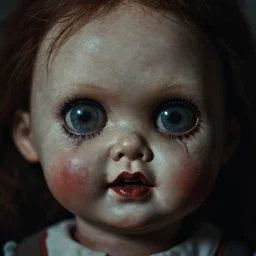 horrifying doll, close-up of scary face big eyes, lost film