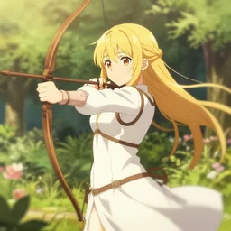 isekai cute anime girl elven archer. in a garden. aesthetic, golden ratio. beautiful lineart, depth focus, rankings pixiv, artstation, soft lighting, srgb, artstation, hdr, cinematic, motion blur, chromatic abberation. by dave greco, trent kaniuga, kienan lafferty