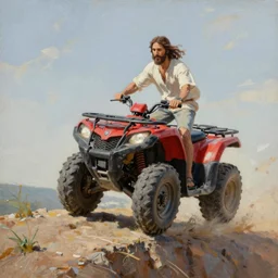 jesus riding an atv off a cliff, oil painting