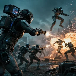 vfx film closeup, blade runner 2 0 4 9 futuristic soldiers shoot at enemy robots futuristic war, battlefield war zone, shootout, running, shooting, explosion, battlefront, leaping, flat color profile low - key lighting award winning photography arri alexa cinematography, big crowd, hyper real photorealistic cinematic beautiful, atmospheric cool colorgrade