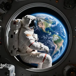 astronaut seeing earth sitting in space ship through a apocalypse in the earth
