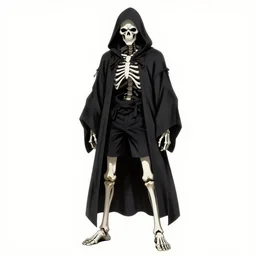 a full body shot of a Grim Reaper by Takeshi Obata, skeleton face,wears shorts, highly detailed,artstation,manga
