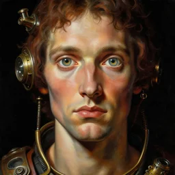 a close - up sci - fi painting of a steampunk vitruvian man, big glowing eyes. studio lighting. black background. highly detailed science - fiction fantasy painting by norman rockwell, moebius, frank frazetta, syd mead. rich colors, high contrast. renaissance masterpiece. artstation