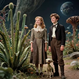 detailed, sharp, a girl and a boy standing next to some strange wild alien plants, looking happy, wearing 1880s era clothes, their small pet tiny alien creature is standing nearby, in a park on a strange alien planet, extremely highly detailed, in focus faces, 70mm still from a classic period sci fi color blockbuster movie, 4k, 35mm macro lens, high quality lighting, sharp focus