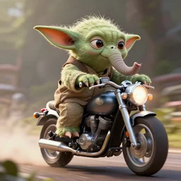 elephant yoda riding a motorcycle in the movie born to be wild, stunning digital art, high detail, in the style of artgerm, artstation, cgsociety, dramatic lighting, pixar 3d 8k